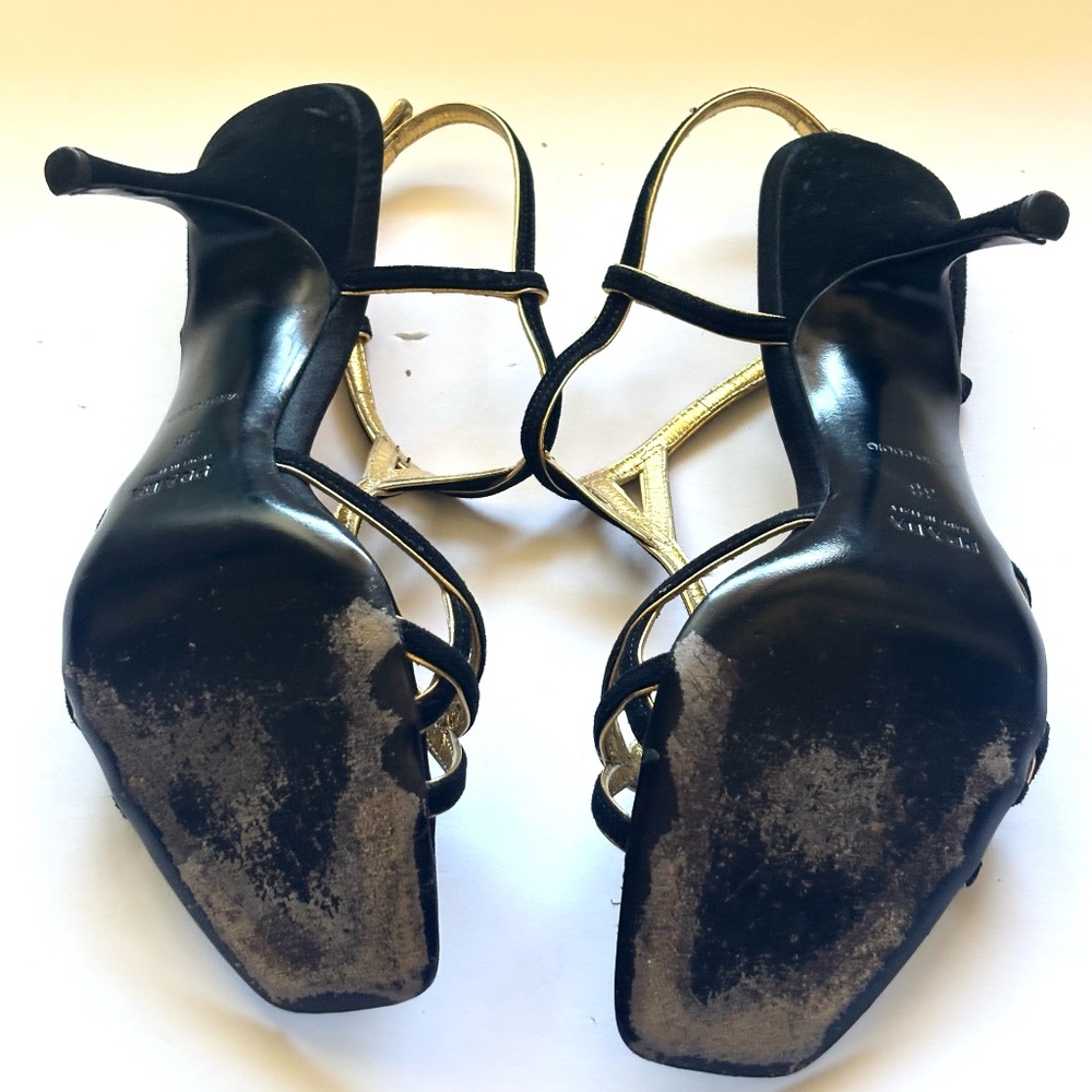 Prada Sling Back Holiday Heels Black Suede with Gold Leather accent Size 38 - Picture 5 of 8